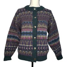 Vintage Coldwater Creek Cardigan Sweater Medium L/S Fair Isle Green Purple USA picture