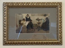 Vintage Early 1900s Victorian Women Sewing Print on Cardboard, Newly Framed Wall picture