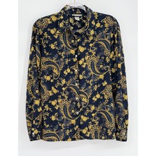 Notations Womens Sz L Navy Blue Gold Paisley Floral Button Up Blouse Long Sleeve picture
