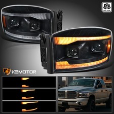 Amber LED DRL Fits 2006-2009 Dodge Ram 1500 2500 3500 Black Projector Headlights picture