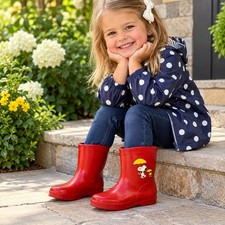 Vintage 1965 Snoopy Woodstock Red Rubber Rain Boots Kids Peanuts Plaid Lined picture