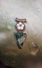 VINTAGE sterling silver 925 Dichroic Glass Mother of Pearl Flower Pendant 19.67g picture