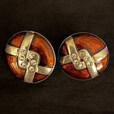 Round Brown & Silver Tone Rhinestone Clip-On Earrings, Metal, Lobe picture
