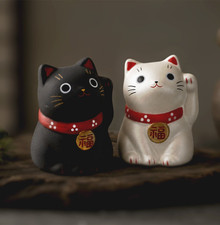 Japanese Lucky Cat Black & Silver Set Feng Shui Maneki Neko Figurine Yakushigama picture