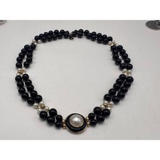 Vintage 14K Gold Black Onyx and Pearl Double Strand Knotted Bead Necklace READ picture