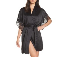 Natori Women's Solid Charmeuse Essentials Wrap Robe Sleepwear, Black, M picture