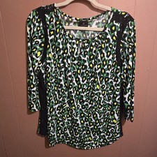 Worthington Women’s Large Floral Print Top Black Green Lace 3/4 Sleeve Blouse picture