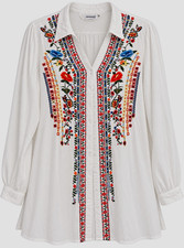 Paparazzi Women’s L White Viscose Floral Embroidered Collared Button Blouse picture