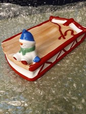 Vintage Pfaltzgraff Ceramic Snowman Sled Soap Dish Holiday Decor picture