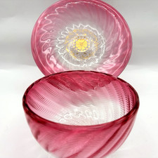 Josephinenhütte antique signed pink glass Bullicante bowl and underplate 3