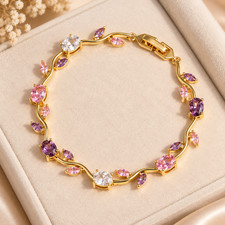 Handmade Women’s Crystal Gold Tone Brass Floral Leaf Bracelet Fashion Jewelry picture