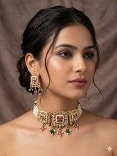 Bollywood Rajwadi Kundan Pearl Choker Set Gold Tone Bridal Wedding Jewelry picture