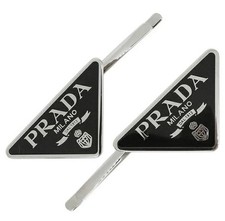 Prada Style Logo Hair Clip Set Black Triangle Metal Barrette 2PCS picture