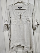 Ellen Tracy Shirt XL 100% Linen  Short Sleeve V Neck picture