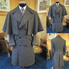 Vintage Tweed Ulster Inverness Coat Mens Grey Wool Cape Greatcoat Overcoat picture