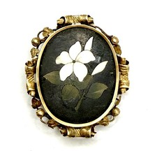 Antique Pietra Dura Pin 14k Solid Gold Frame 1800's Vintage Jewelry 15gr picture