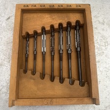 Vintage 7 Piece Adjustable Reamer Set Wood Box Complete picture