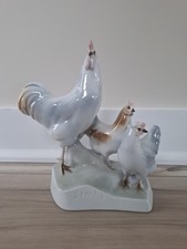 Vintage Hollohaza Hungary Porcelain Rooster & Hens Figurine Signed Sinkó Farmhou picture