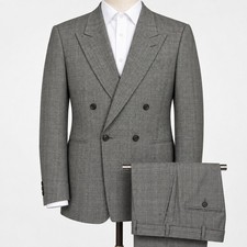 VTG Giorgio Armani 2-Piece Suit 40R 40x33 WOOL Grey Glen Plaid Double Breasted picture
