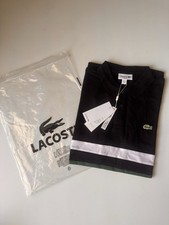 Lacoste Men's Black Green White Striped Short Sleeve Polo Logo Button Knit M picture