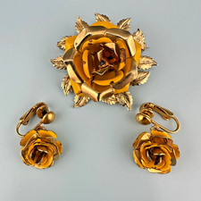 Vintage Flower Brooch Clip Earrings Set Yellow Enamel Gold Tone Cabbage Rose picture