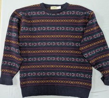 VTG LL Bean Fair Isle Sweater Mens L Made in Scotland 100% Shetland Wool Navy picture