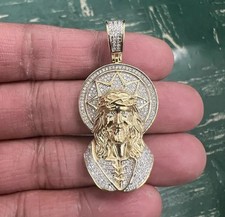 1.20Ct Lab Created Diamond Mens Jesus Head Pendant 14K Yellow Gold Plated picture