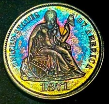 1871 Seated Liberty Silver Dime 10c Semi Key Date High Grade AU Rainbow Toned picture