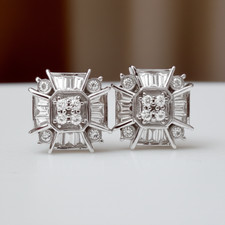 Unisex Dazzling 14K White Gold Baguette & Round CZ Stud Push Back Earrings picture