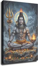 Lord Shiva Meditating Canvas Wall Art Hindu God Mahadev Trishul Poster picture