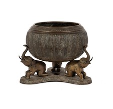 19thC. Antique Indian Heavy Cast Bronze Singing Bowl On Elephant Stand picture