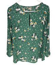 ANN TAYLOR LOFT Top Large Green White Floral Long Sleeve Boho Summer Fall Blouse picture