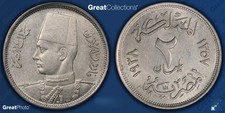 AH 1357 1938 Egypt  2 Milliemes  KM-359 Farouk ANACS AU55 picture