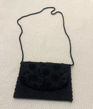Vintage 1960’s Black Beaded Floral Small Shoulder Bag, Snap Closure picture