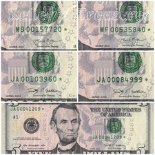 Lot of Five Zip Code Star Notes Five Dollar Bills w/Years 2009, 2013 picture
