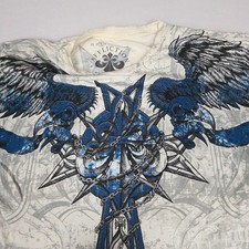Affliction Live Fast T Shirt Mens MED White Blue Cross Wings Cotton Distressed picture