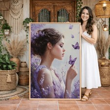 Hand Painted Oil Painting Young Woman Lavender Purple Butterflies Romantic 36