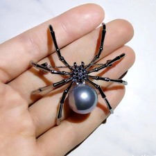 Vintage Black Rhinestone Spider Brooch Pearl Pin Insect Bug Jewelry Summer Gift. picture