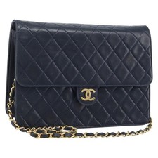 CHANEL Matelasse Chain Shoulder Bag Lamb Skin Navy Gold CC Auth BAZ147 picture