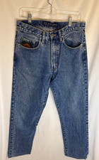 Vtg Pepe mens Blue Jeans medium wash sz 32 metal leather logo patch picture
