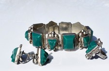 VTG Mexican Silver SILVER  Green Carved Mask Face Chunky  Bracelet Ring Earrings picture