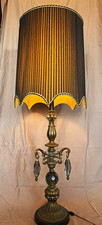Antique Bronze Table Lamp w/ Black & Gold pleated Empire Shade, Glass Prisms picture