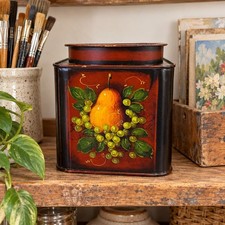John Dunn Signed Folk Art Hand Painted Tole Tin Pear Grapes Lidded Canister picture