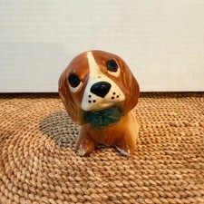 Vintage Ceramic Spaniel Dog Planter Brown Green Bow Kitsch Mid Century Decor picture