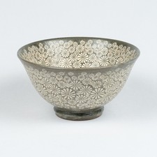 Korean Buncheong Mishima Chawan Tea Bowl with Stamped Chrysanthemum Decoration picture