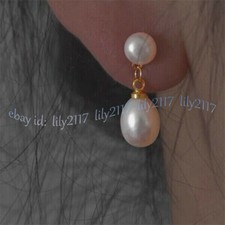 Genuine 7-8mm Natural White South Sea Pearl Dangle Gold Stud Earring Jewelry picture