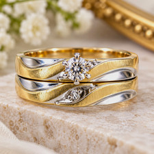 Vintage 14K Two-Tone Gold Diamond Wedding Ring Set Crescent Size 7.75 picture