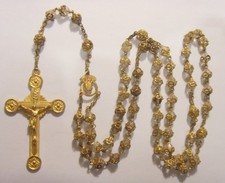 1890s antique 21 inch gold tone catholic rosary crucifix encaged beads 55222 picture