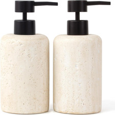 2PC Faux Travertine Soap Dispenser Set Refillable Resin Bathroom Kitchen Decor picture