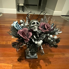 Halloween Artificial Skull Flower Arrangement Centerpiece Purple Rose 12in picture